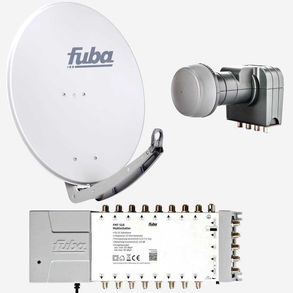 Fuba Sat Anlage 16 Teilnehmer | DAA 780 G Satellitenschüssel 80cm Alu hellgrau (Testergebnis: ausgezeichnet)* + Fuba Quattro LNB + Fuba Sat
