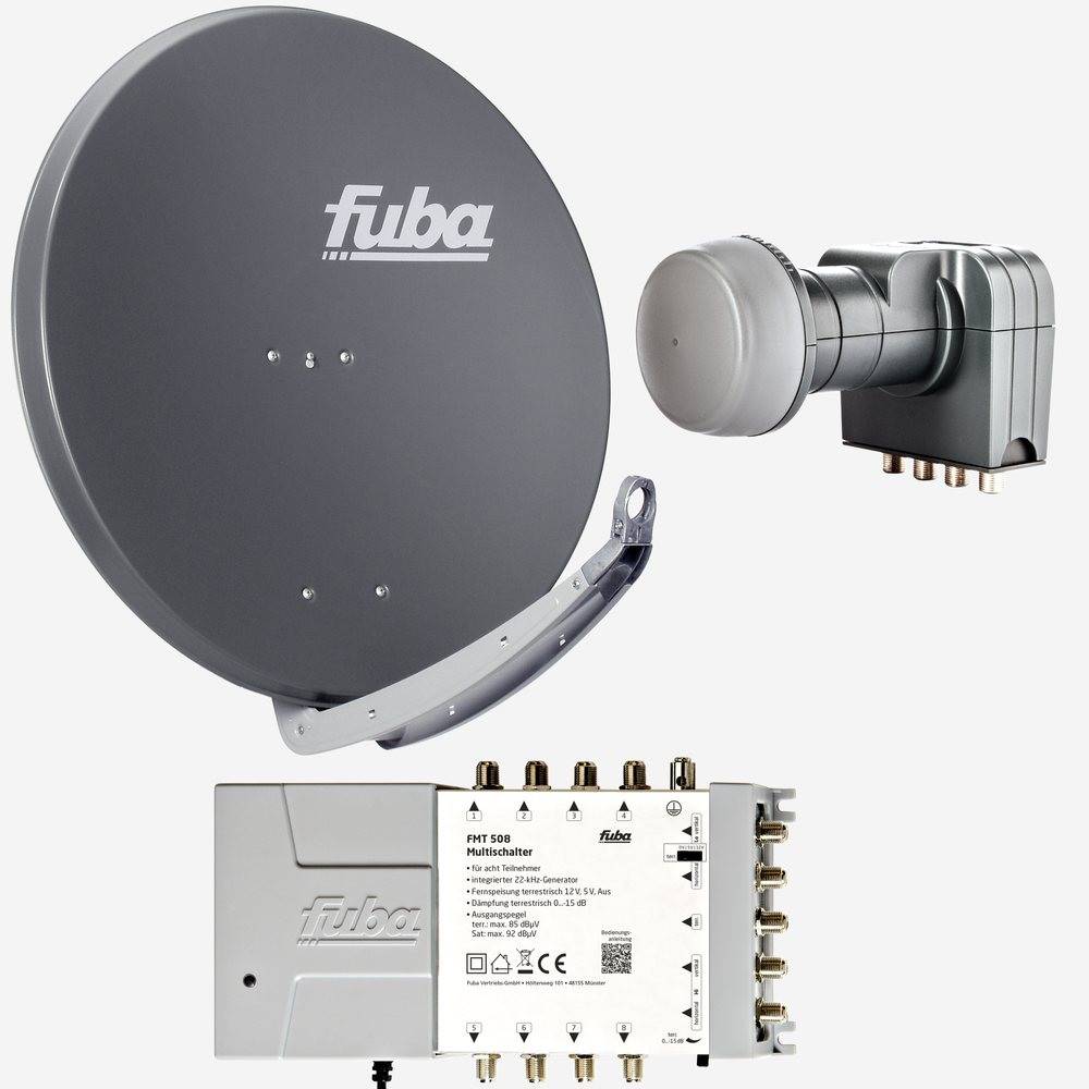 Fuba Sat Anlage 8 Teilnehmer | Satellitenschüssel Komplettset - DAA 850 A Alu Sat-Schüssel 85cm anthrazit + Fuba Quattro LNB + Fuba FMT508 Sat Multi