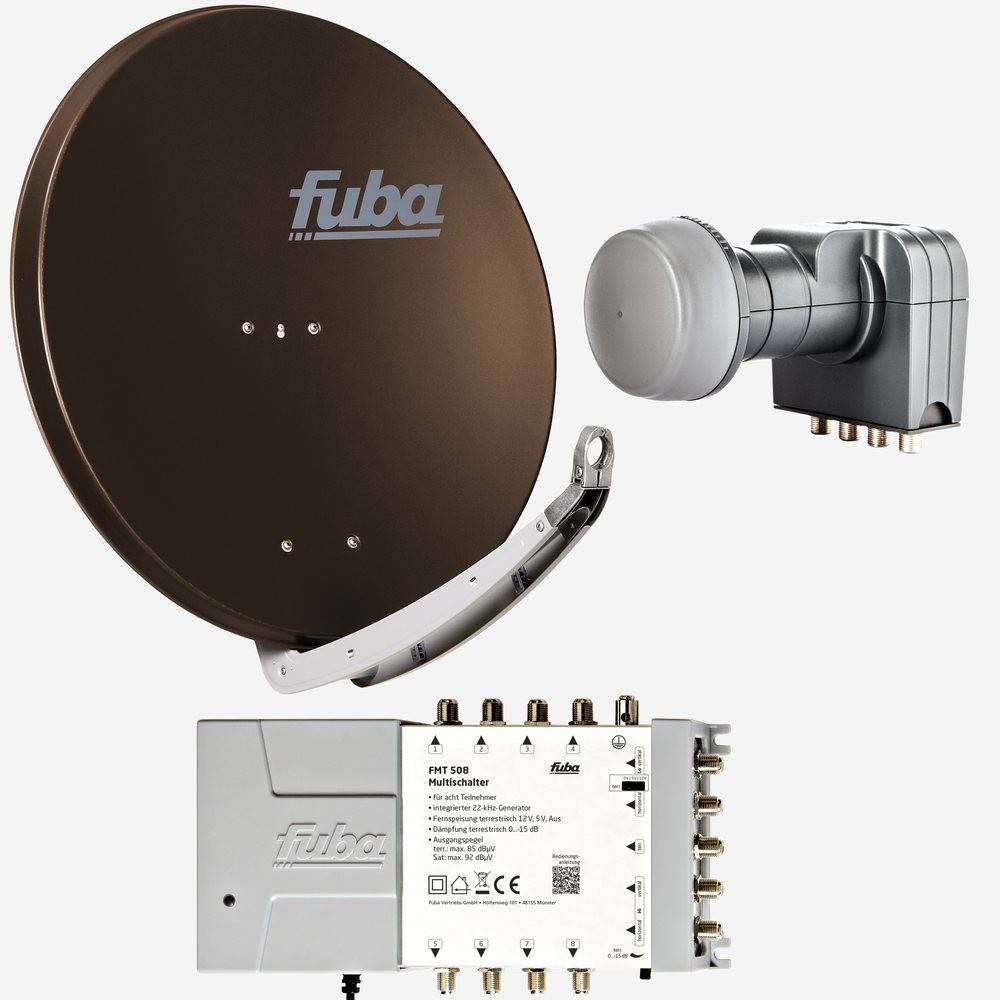 Fuba Sat Anlage 8 Teilnehmer | Satellitenschüssel Komplettset - DAA 850 B Alu Sat-Schüssel 85cm braun + Fuba Quattro LNB + Fuba FMT508 Sat Multischa