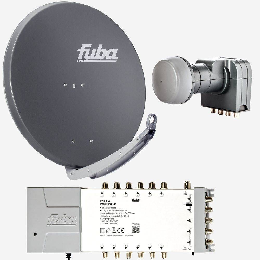 Fuba Sat Anlage 12 Teilnehmer | Satellitenschüssel Komplettset - DAA 850 A Alu Sat-Schüssel 85cm anthrazit + Fuba Quattro LNB + Fuba FMT512 Sat Mult