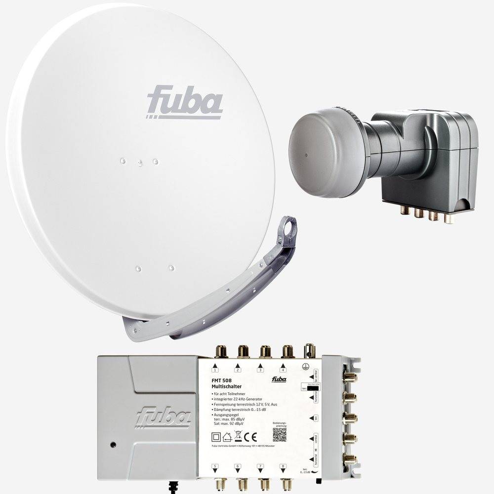 Fuba Sat Anlage 8 Teilnehmer | Satellitenschüssel Komplettset - DAA 850 W Alu Sat-Schüssel 85cm weiß + Fuba Quattro LNB + Fuba FMT508 Sat Multischa