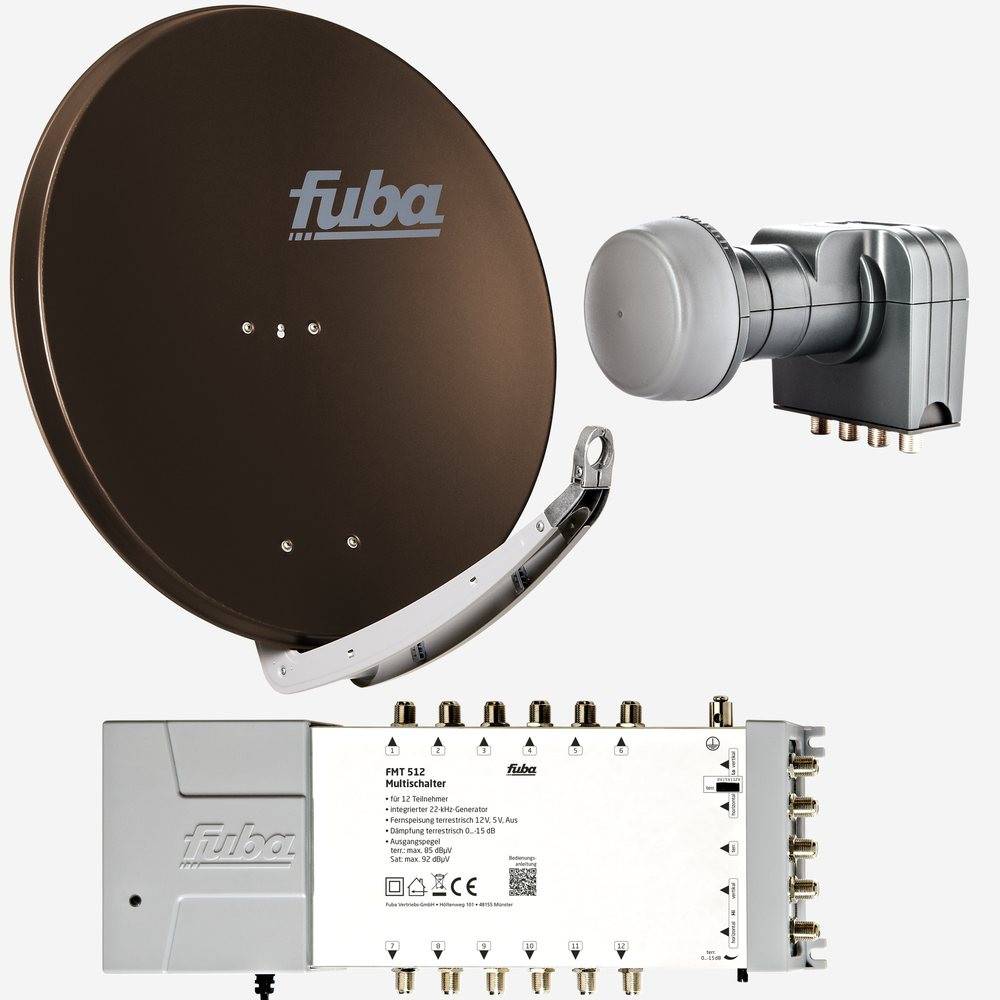Fuba Sat Anlage 12 Teilnehmer | Satellitenschüssel Komplettset - DAA 850 B Alu Sat-Schüssel 85cm braun + Fuba Quattro LNB + Fuba FMT512 Sat Multisch
