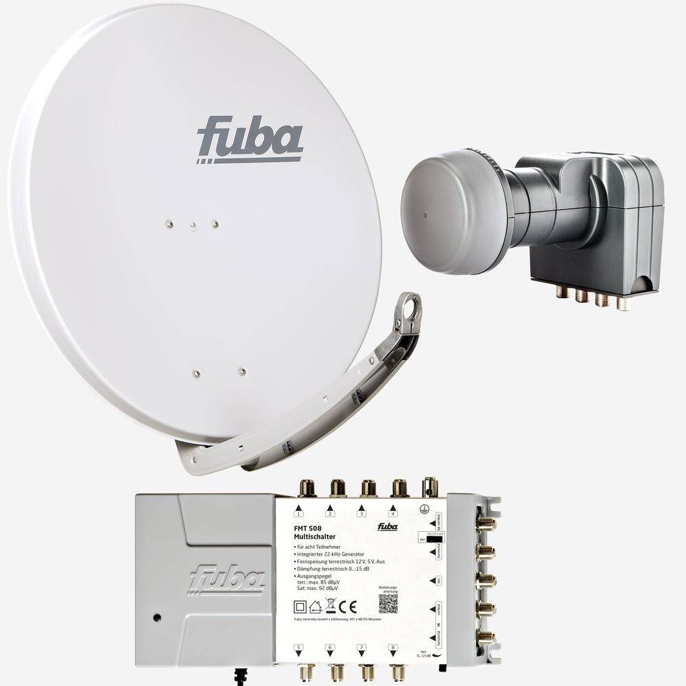 Fuba Sat Anlage 8 Teilnehmer | Satellitenschüssel Komplettset - DAA 850 G Alu Sat-Schüssel 85cm hellgrau + Fuba Quattro LNB + Fuba FMT508 Sat Multis