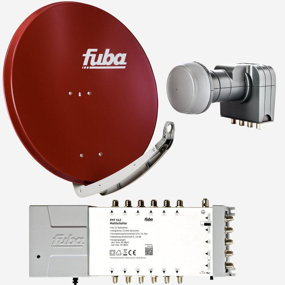 Fuba Sat Anlage 12 Teilnehmer | Satellitenschüssel Komplettset - DAA 850 R Alu Sat-Schüssel 85cm rot + Fuba Quattro LNB + Fuba FMT512 Sat Multischal