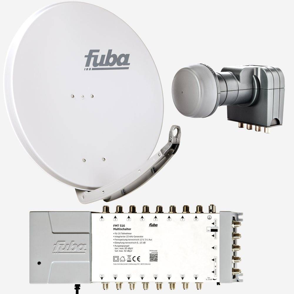 Fuba Sat Anlage 16 Teilnehmer | Satellitenschüssel Komplettset - DAA 850 G Alu Sat-Schüssel 85cm hellgrau + Fuba Quattro LNB + Fuba FMT516 Sat Multi