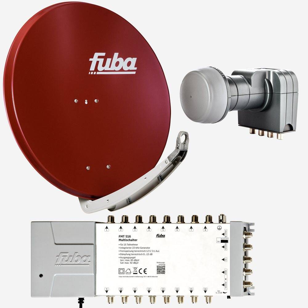 Fuba Sat Anlage 16 Teilnehmer | Satellitenschüssel Komplettset - DAA 850 R Alu Sat-Schüssel 85cm rot + Fuba Quattro LNB + Fuba FMT516 Sat Multischal