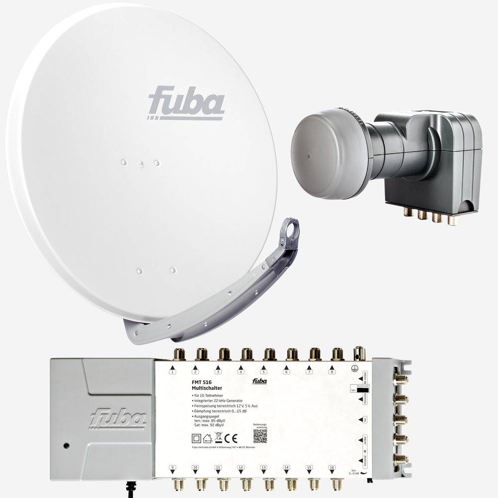 Fuba Sat Anlage 16 Teilnehmer | Satellitenschüssel Komplettset - DAA 850 W Alu Sat-Schüssel 85cm weiß + Fuba Quattro LNB + Fuba FMT516 Sat Multisch