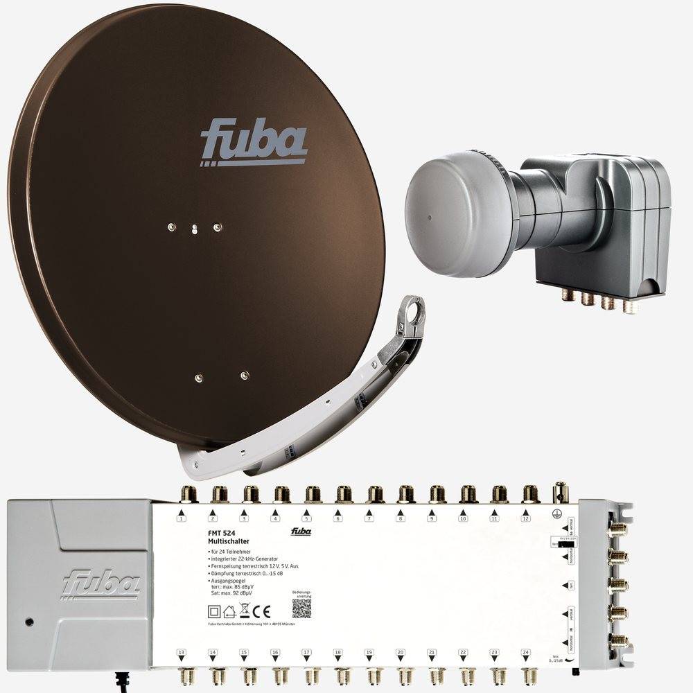 Fuba Sat Anlage 24 Teilnehmer | Satellitenschüssel Komplettset - DAA 850 B Alu Sat-Schüssel 85cm braun + Fuba Quattro LNB + Fuba FMT524 Sat Multisch