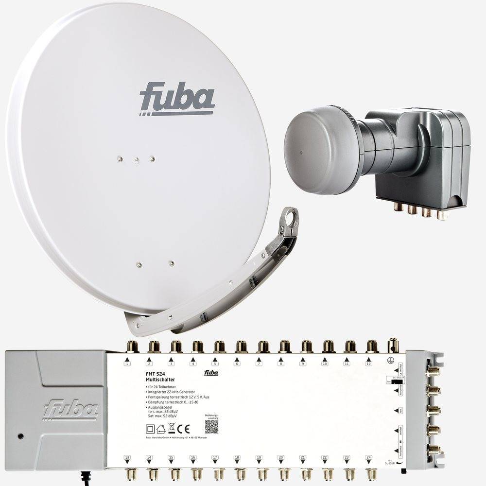 Fuba Sat Anlage 24 Teilnehmer | Satellitenschüssel Komplettset - DAA 850 G Alu Sat-Schüssel 85cm hellgrau + Fuba Quattro LNB + Fuba FMT524 Sat Multi