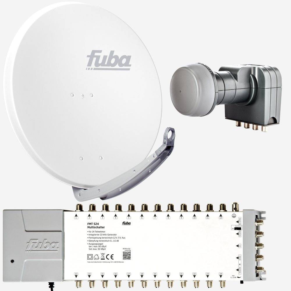 Fuba Sat Anlage 24 Teilnehmer | Satellitenschüssel Komplettset - DAA 850 W Alu Sat-Schüssel 85cm weiß + Fuba Quattro LNB + Fuba FMT524 Sat Multisch