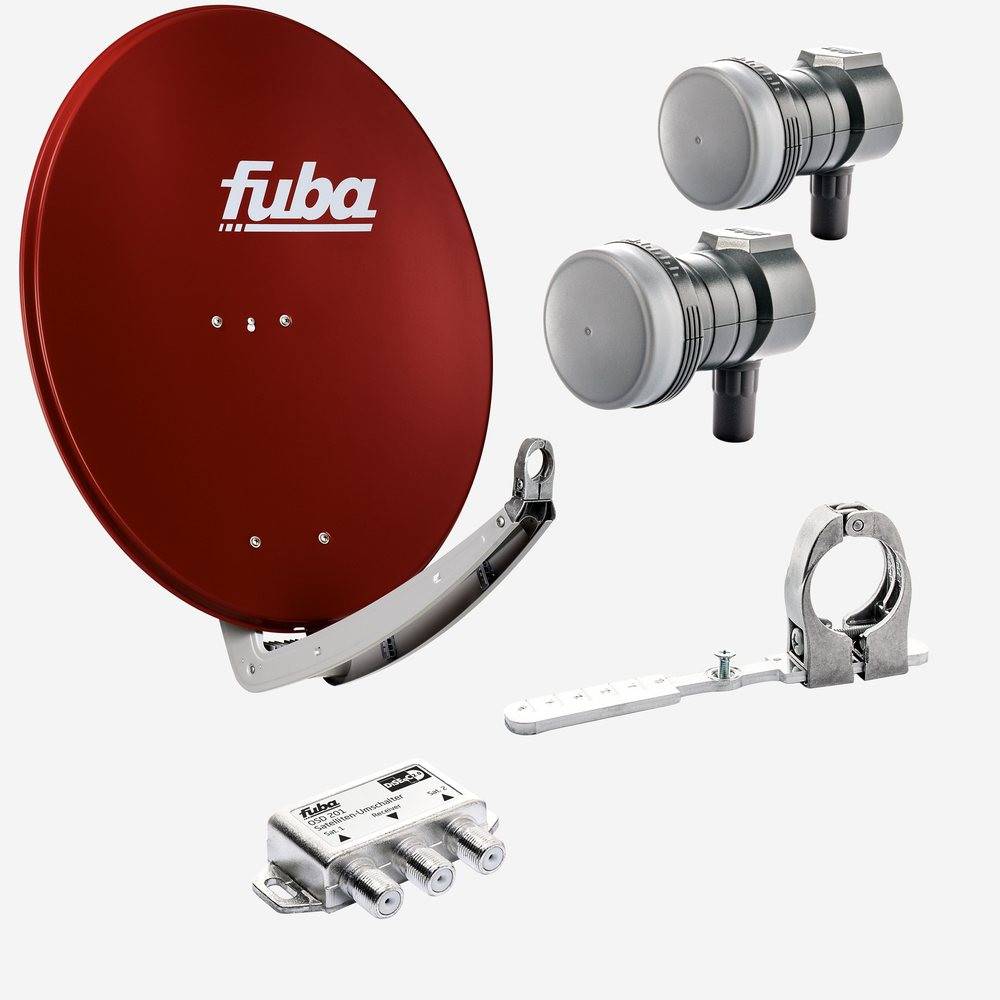 Fuba Sat Anlage 1 Teilnehmer - 2 Satelliten (z.B. Astra/Hotbird) | DAA 780 R Satellitenschüssel 80cm Alu rot (Testergebnis: ausgezeichnet)* + 2x