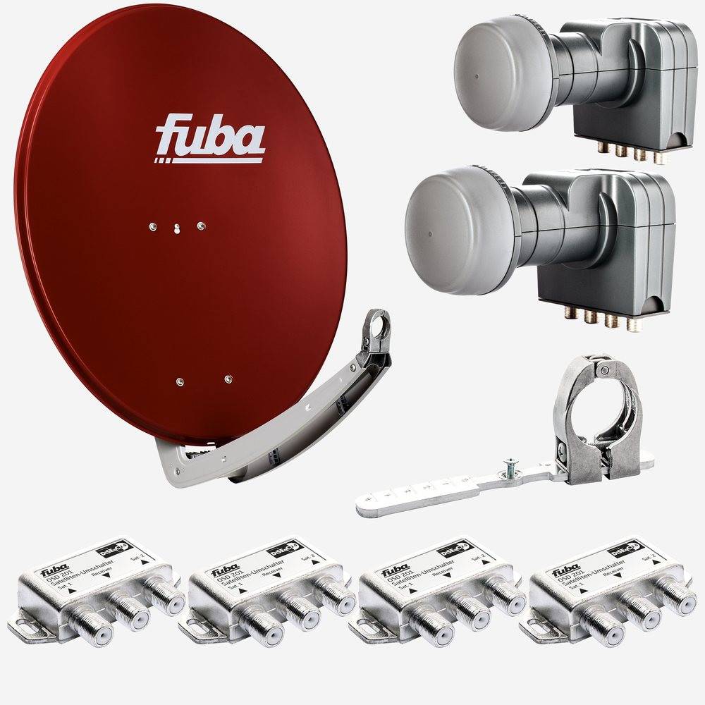 Fuba Sat Anlage 4 Teilnehmer - 2 Satelliten (z.B. Astra/Hotbird) | DAA 780 R Satellitenschüssel 80cm Alu rot (Testergebnis: ausgezeichnet)* + 2x