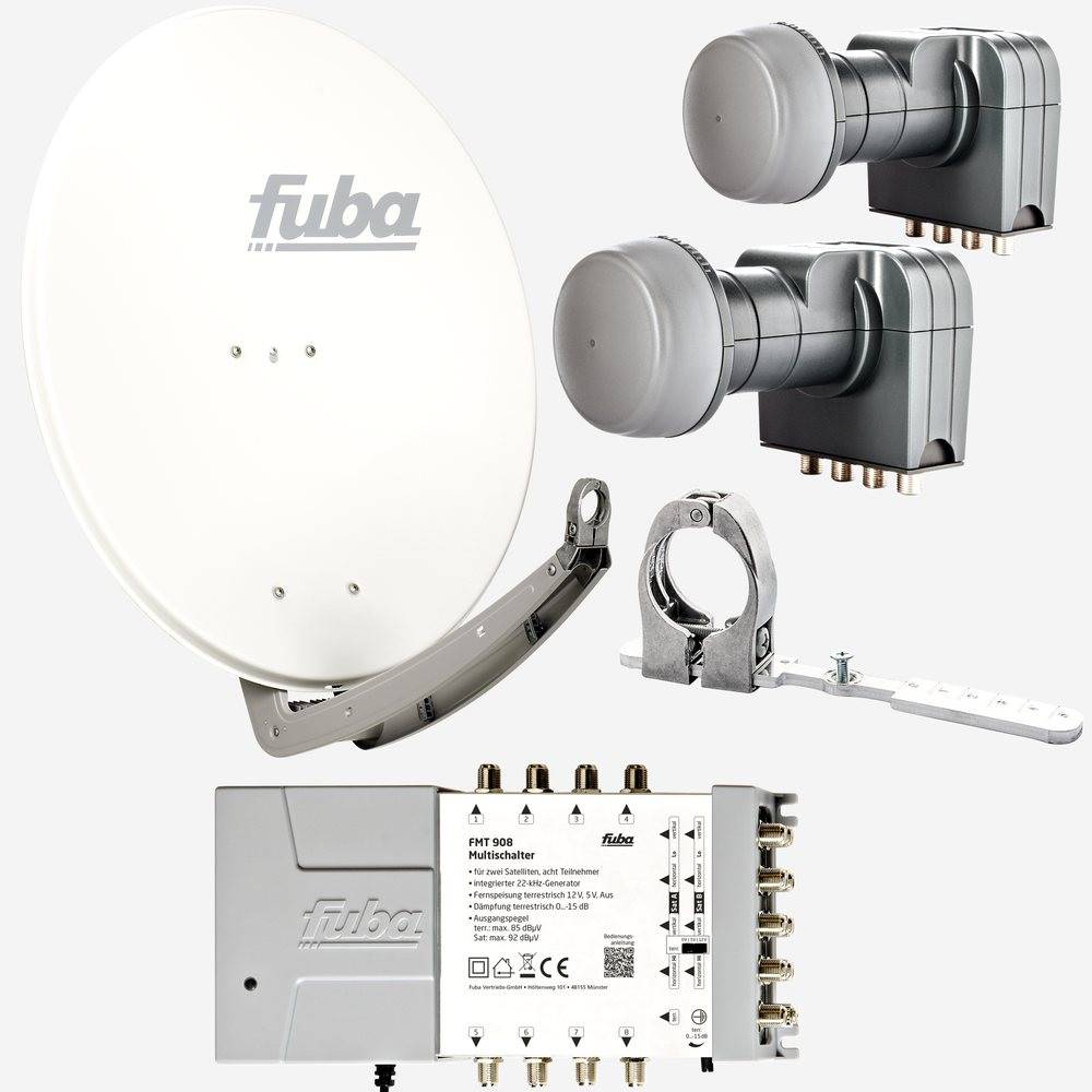 Fuba Sat Anlage 8 Teilnehmer - 2 Satelliten (z.B. Astra/Hotbird) | DAA 780 W Satellitenschüssel 80cm Alu weiß (Testergebnis: ausgezeichnet)* + 2x LN