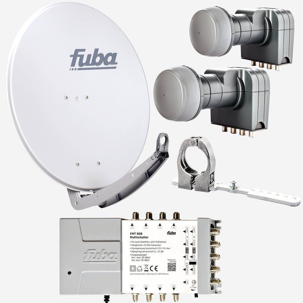 Fuba Sat Anlage 8 Teilnehmer - 2 Satelliten (z.B. Astra/Hotbird) | DAA 780 G Satellitenschüssel 80cm Alu hellgrau (Testergebnis: ausgezeichnet)*
