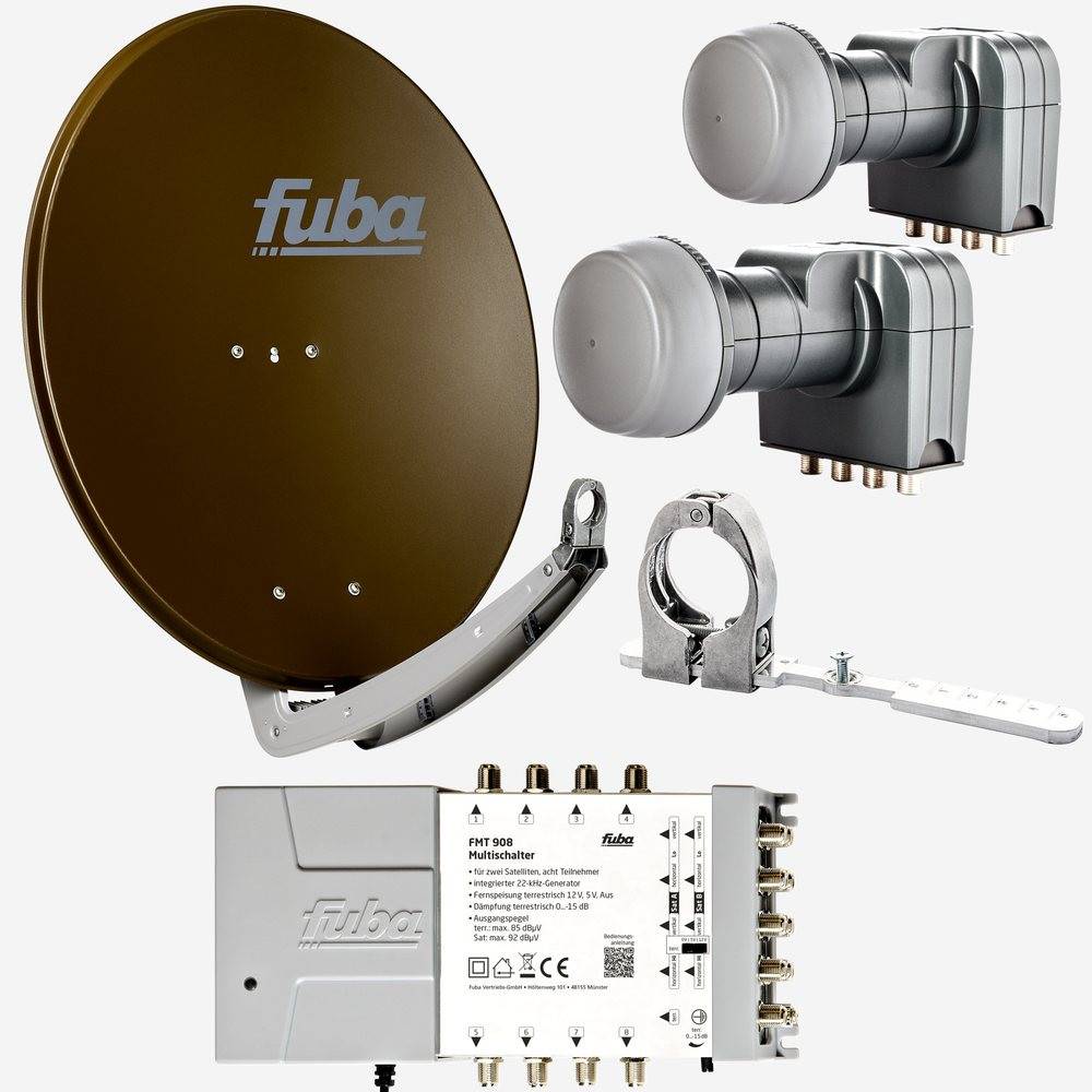 Fuba Sat Anlage 8 Teilnehmer - 2 Satelliten (z.B. Astra/Hotbird) | DAA 780 B Satellitenschüssel 80cm Alu braun (Testergebnis: ausgezeichnet)* + 2x