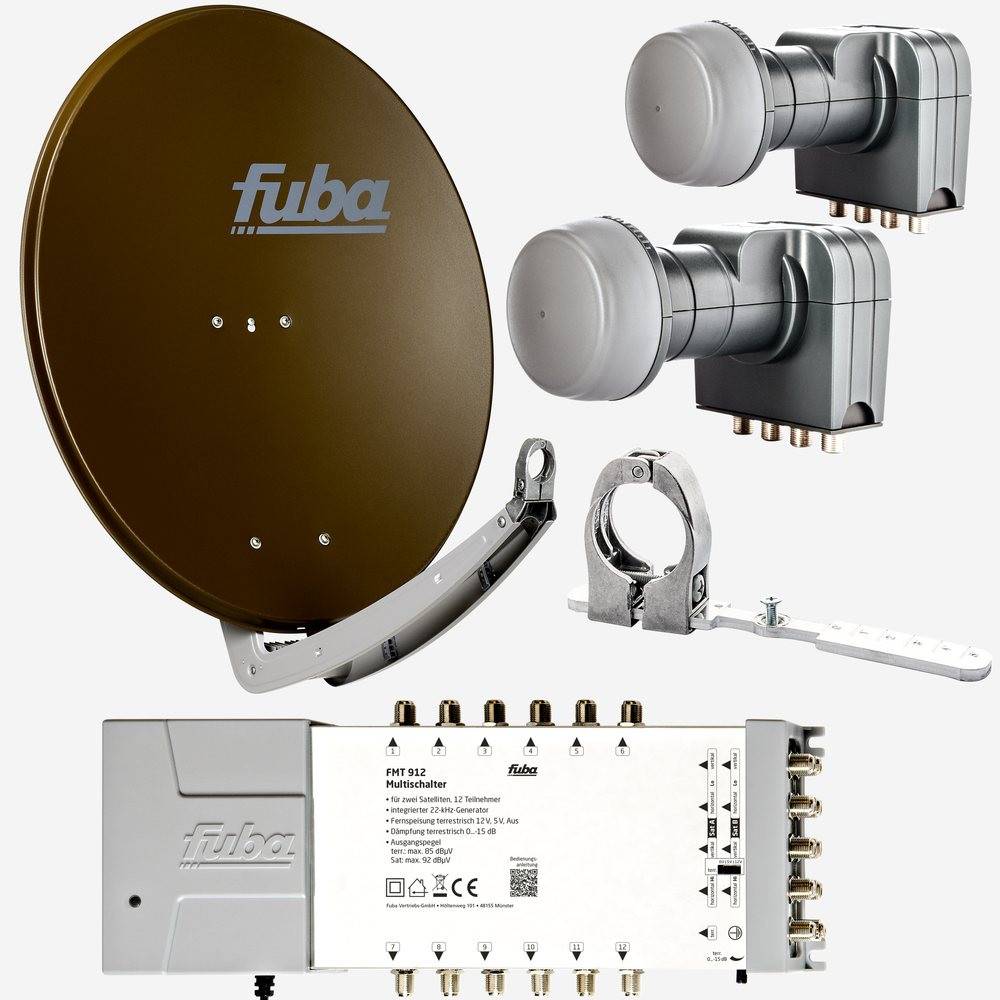 Fuba Sat Anlage 12 Teilnehmer - 2 Satelliten (z.B. Astra/Hotbird) | DAA 780 B Satellitenschüssel 80cm Alu braun (Testergebnis: ausgezeichnet)* + 2x