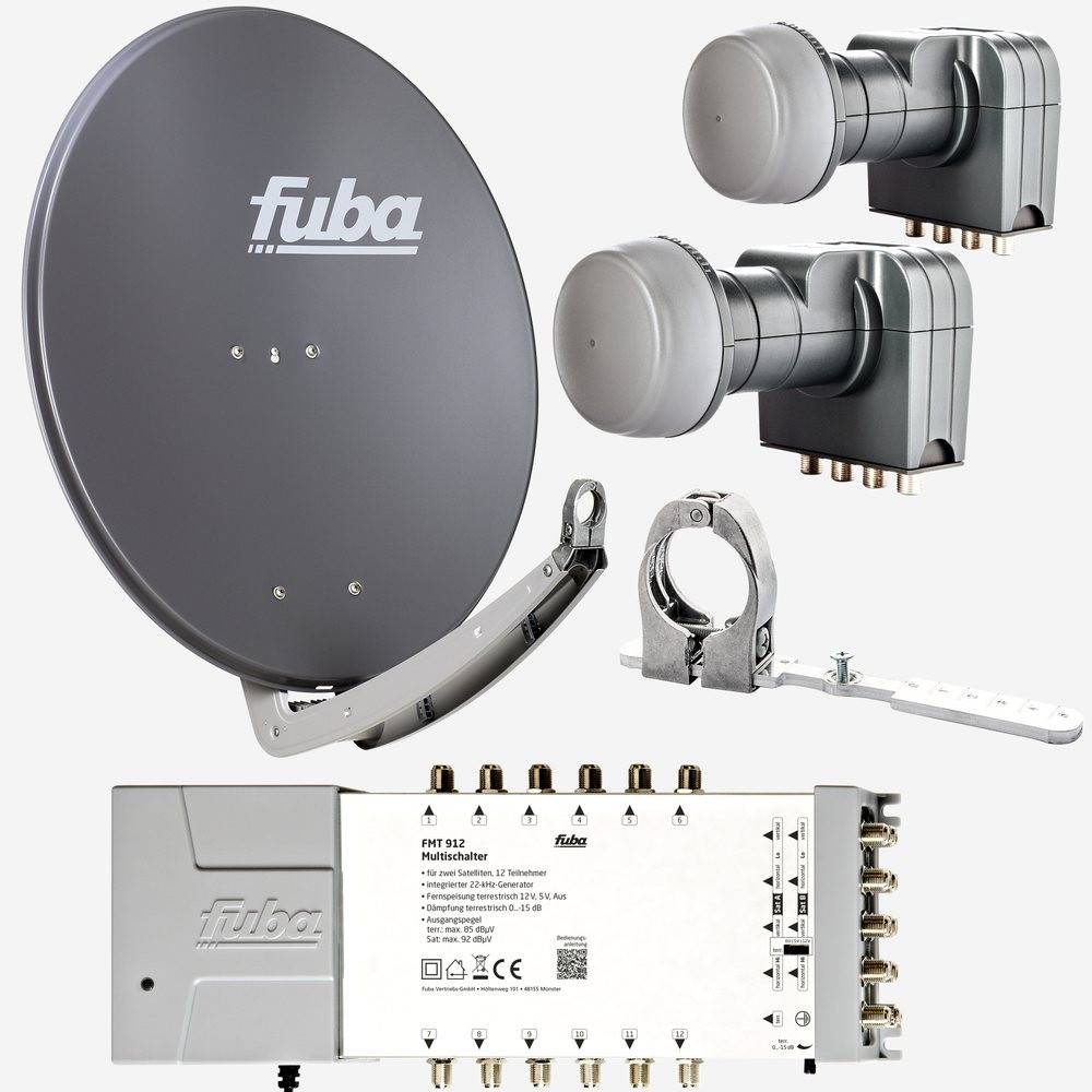 Fuba Sat Anlage 12 Teilnehmer - 2 Satelliten (z.B. Astra/Hotbird) | DAA 780 A Satellitenschüssel 80cm Alu anthrazit (Testergebnis: ausgezeichnet)*