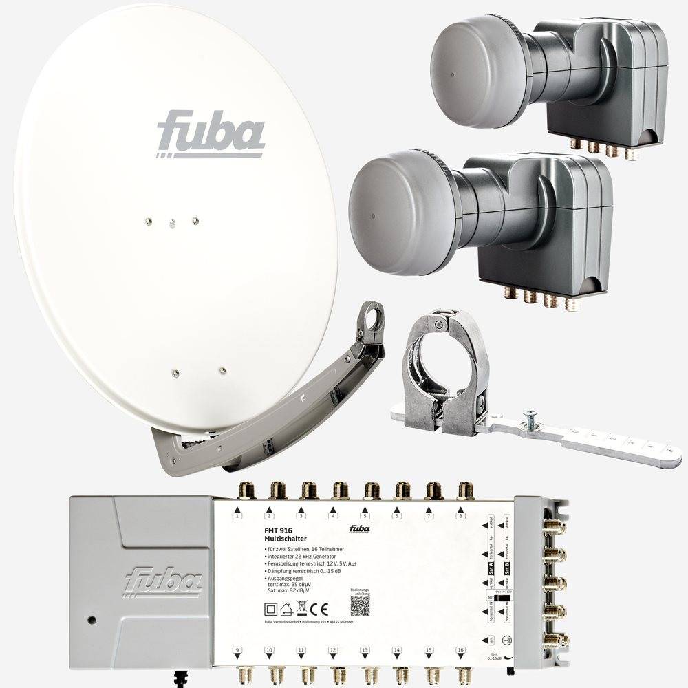 Fuba Sat Anlage 16 Teilnehmer - 2 Satelliten (z.B. Astra/Hotbird) | DAA 780 W Satellitenschüssel 80cm Alu weiß (Testergebnis: ausgezeichnet)* + 2x