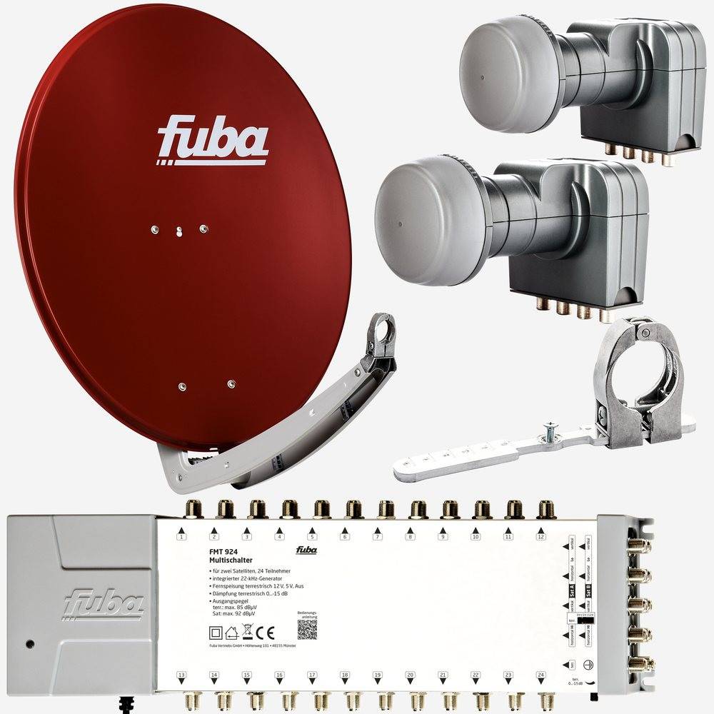 Fuba Sat Anlage 24 Teilnehmer - 2 Satelliten (z.B. Astra/Hotbird) | DAA 780 R Satellitenschüssel 80cm Alu rot (Testergebnis: ausgezeichnet)* + 2x