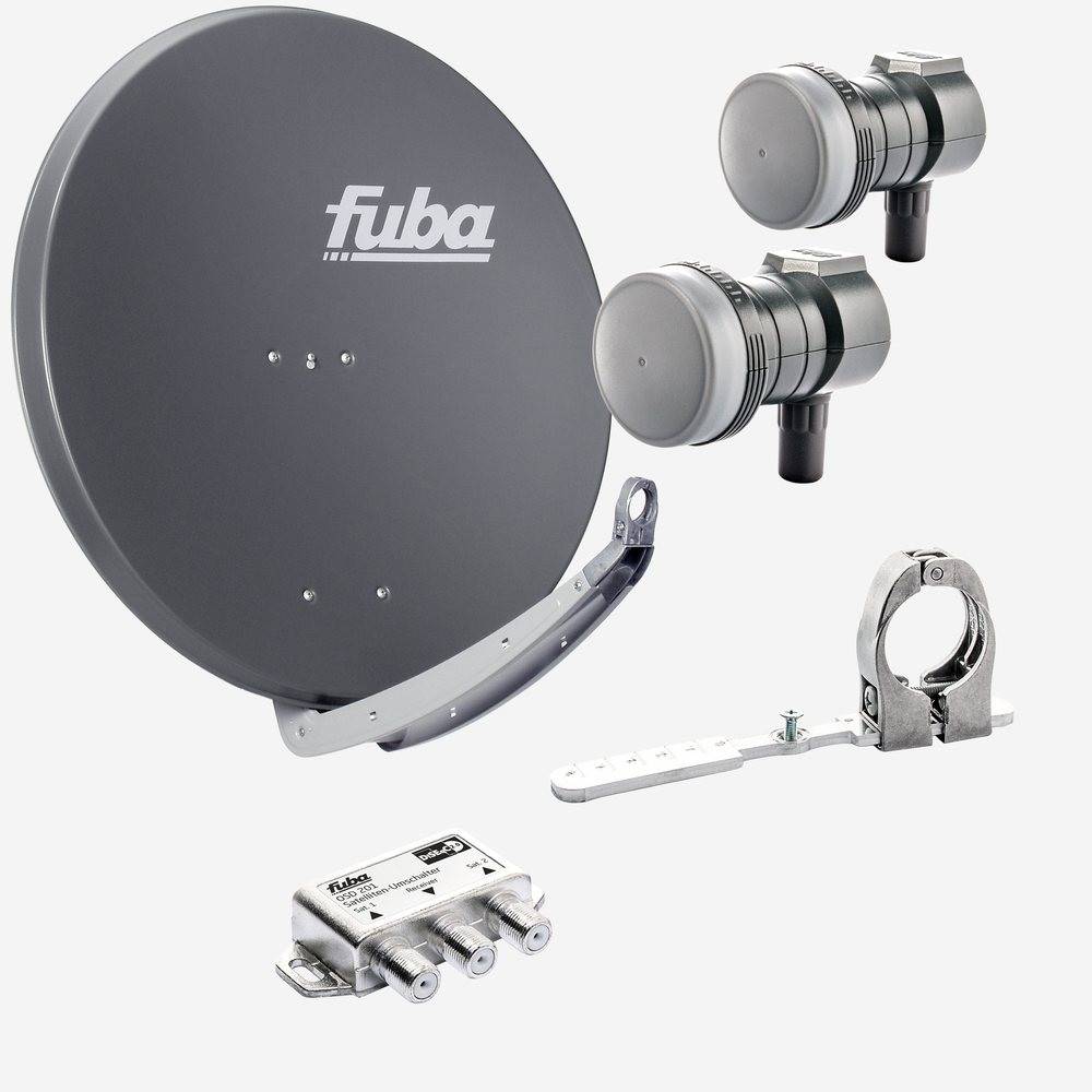 Fuba Sat Anlage 1 Teilnehmer - 2 Satelliten | Satellitenschüssel Komplettset - DAA 850 A Sat-Schüssel 85cm Alu anthrazit + 2x Single LNB 1 Teilnehme