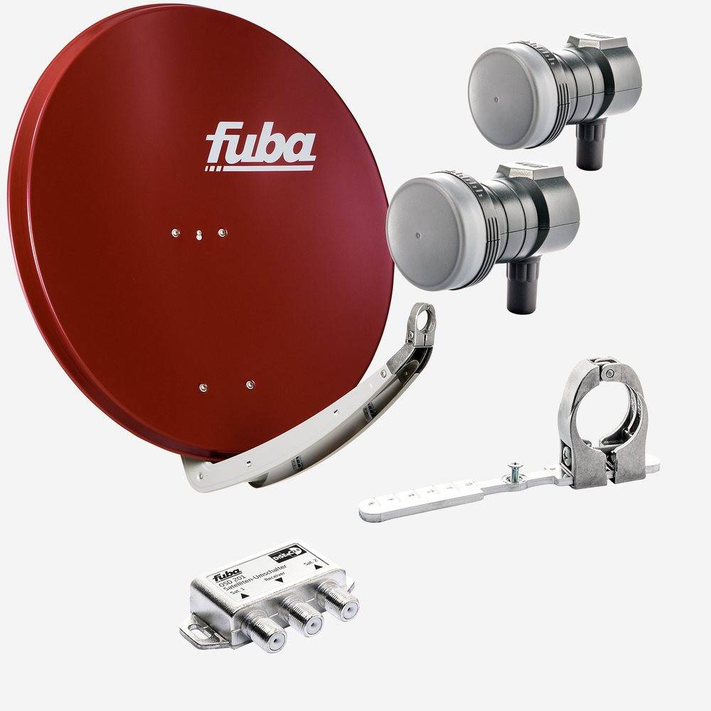 Fuba Sat Anlage 1 Teilnehmer - 2 Satelliten | Satellitenschüssel Komplettset - DAA 850 R Sat-Schüssel 85cm Alu rot + 2x Single LNB 1 Teilnehmer + Mu