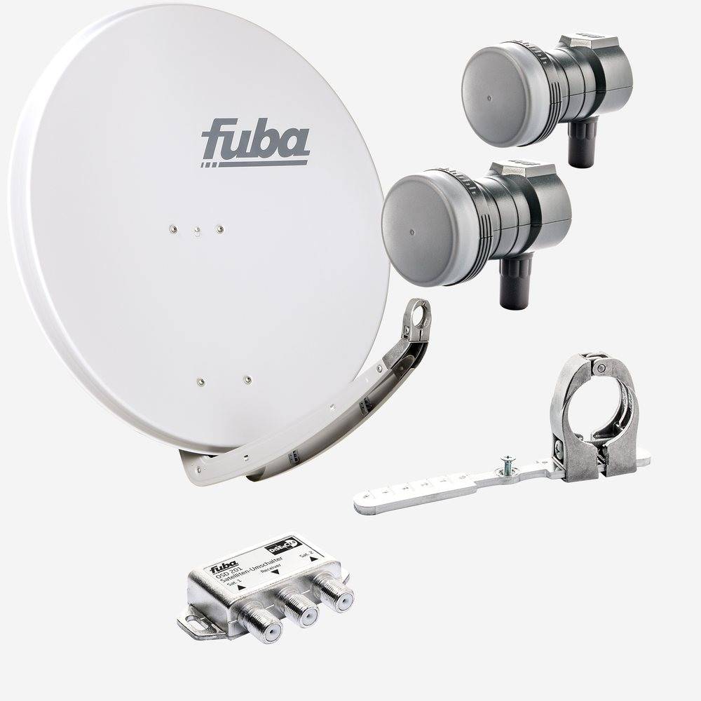Fuba Sat Anlage 1 Teilnehmer - 2 Satelliten | Satellitenschüssel Komplettset - DAA 850 G Sat-Schüssel 85cm Alu hellgrau + 2x Single LNB 1 Teilnehmer