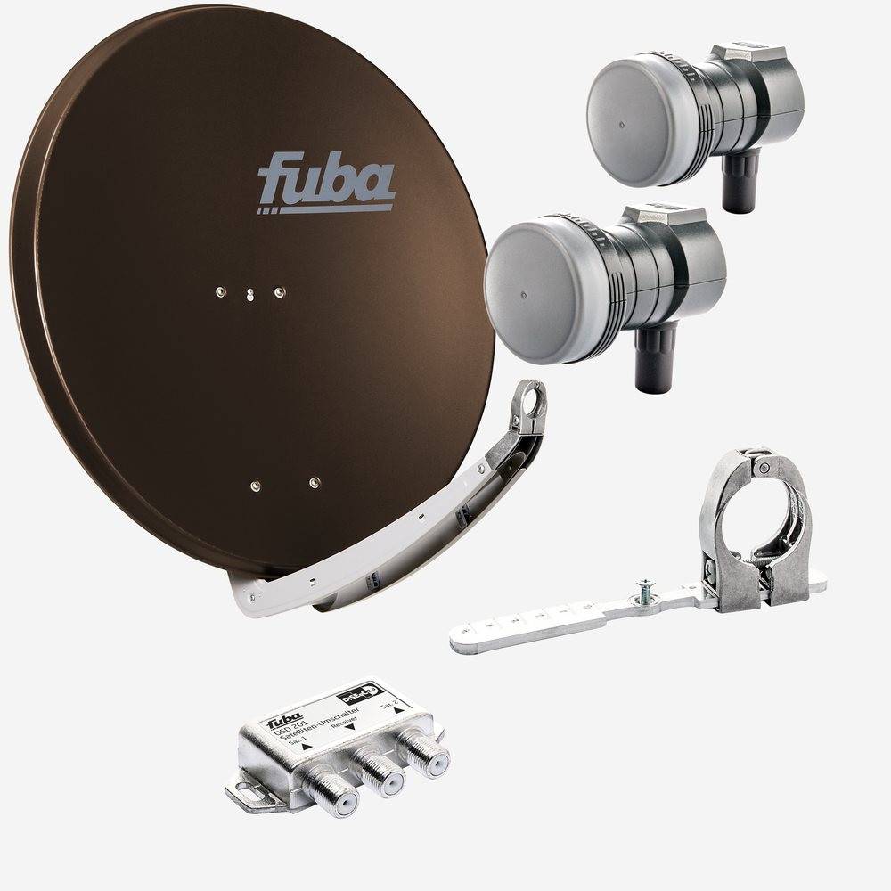 Fuba Sat Anlage 1 Teilnehmer - 2 Satelliten | Satellitenschüssel Komplettset - DAA 850 B Sat-Schüssel 85cm Alu braun + 2x Single LNB 1 Teilnehmer