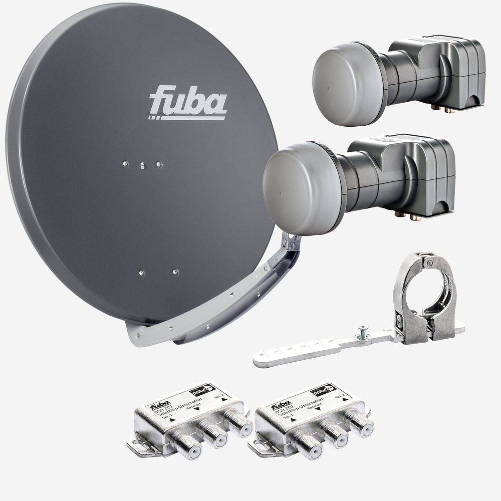 Fuba Sat Anlage 2 Teilnehmer - 2 Satelliten | Satellitenschüssel Komplettset - DAA 850 A Sat-Schüssel 85cm Alu anthrazit + 2x Twin LNB 2 Teilnehmer
