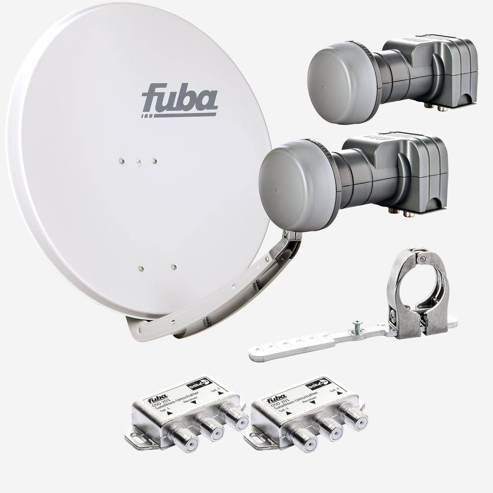 Fuba Sat Anlage 2 Teilnehmer - 2 Satelliten | Satellitenschüssel Komplettset - DAA 850 G Sat-Schüssel 85cm Alu hellgrau + 2x Twin LNB 2 Teilnehmer