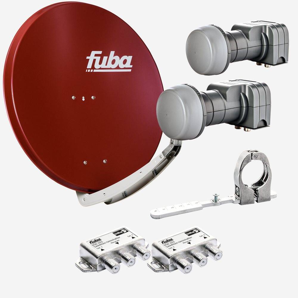 Fuba Sat Anlage 2 Teilnehmer - 2 Satelliten | Satellitenschüssel Komplettset - DAA 850 R Sat-Schüssel 85cm Alu rot + 2x Twin LNB 2 Teilnehmer + Mult