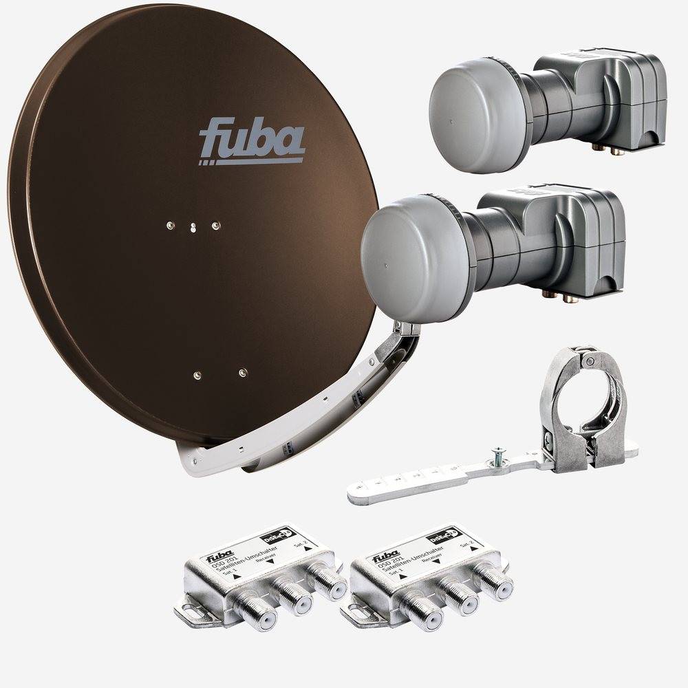 Fuba Sat Anlage 2 Teilnehmer - 2 Satelliten | Satellitenschüssel Komplettset - DAA 850 B Sat-Schüssel 85cm Alu braun + 2x Twin LNB 2 Teilnehmer + Mu