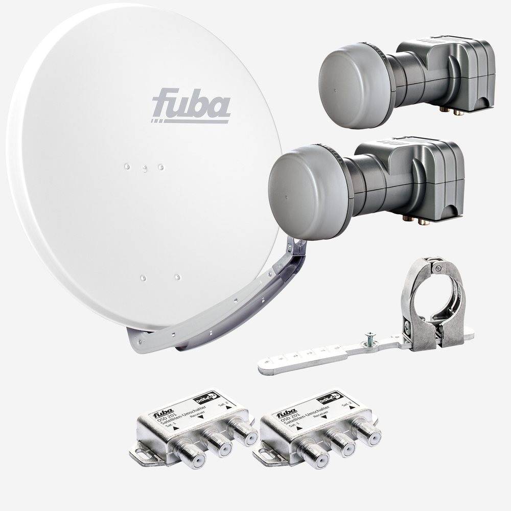 Fuba Sat Anlage 2 Teilnehmer - 2 Satelliten | Satellitenschüssel Komplettset - DAA 850 W Sat-Schüssel 85cm Alu weiß + 2x Twin LNB 2 Teilnehmer + Mu