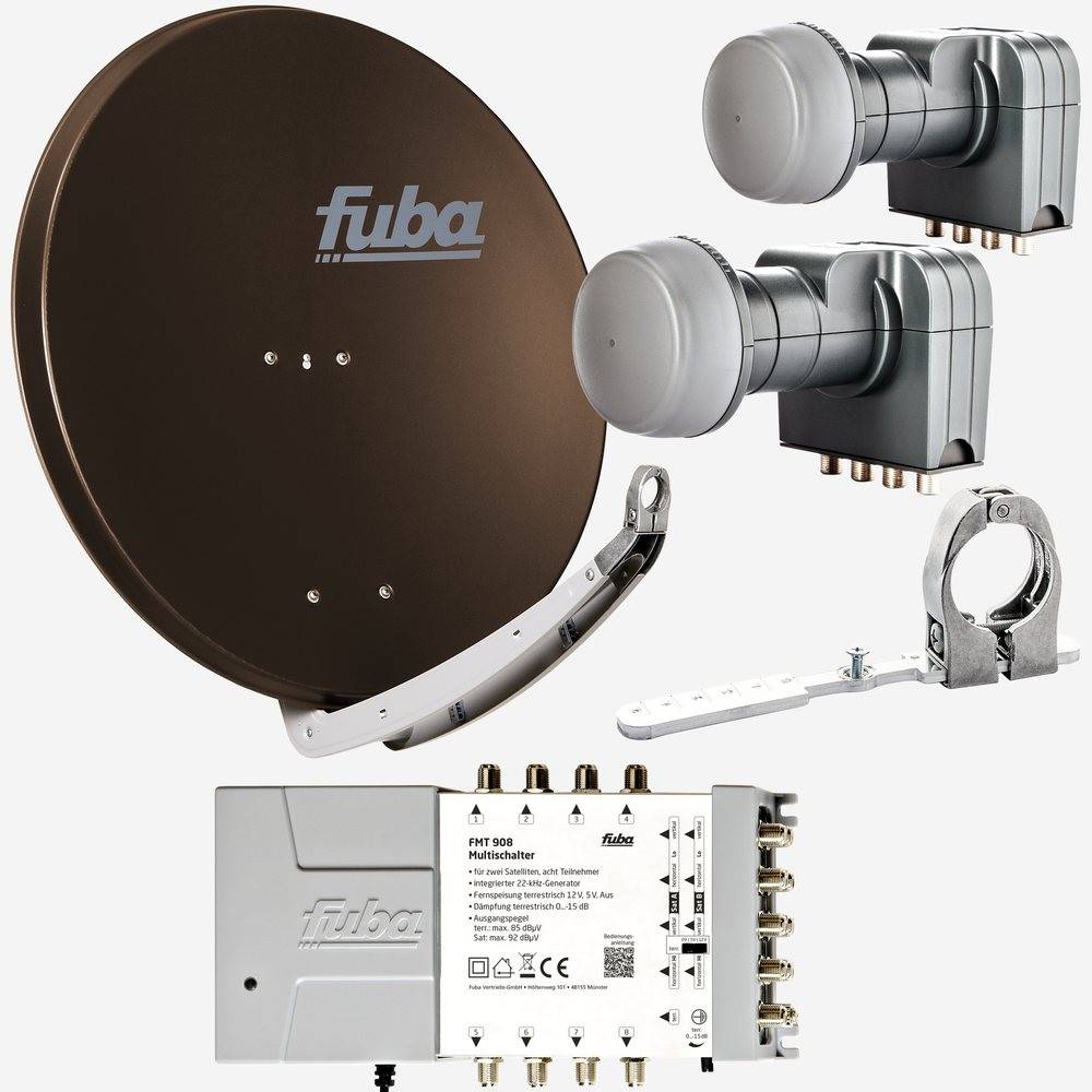 Fuba Sat Anlage 8 Teilnehmer - 2 Satelliten (z.B. Astra/Hotbird) | Satellitenschüssel Komplettset - DAA 850 B Sat-Schüssel 85cm Alu braun + 2x LNB
