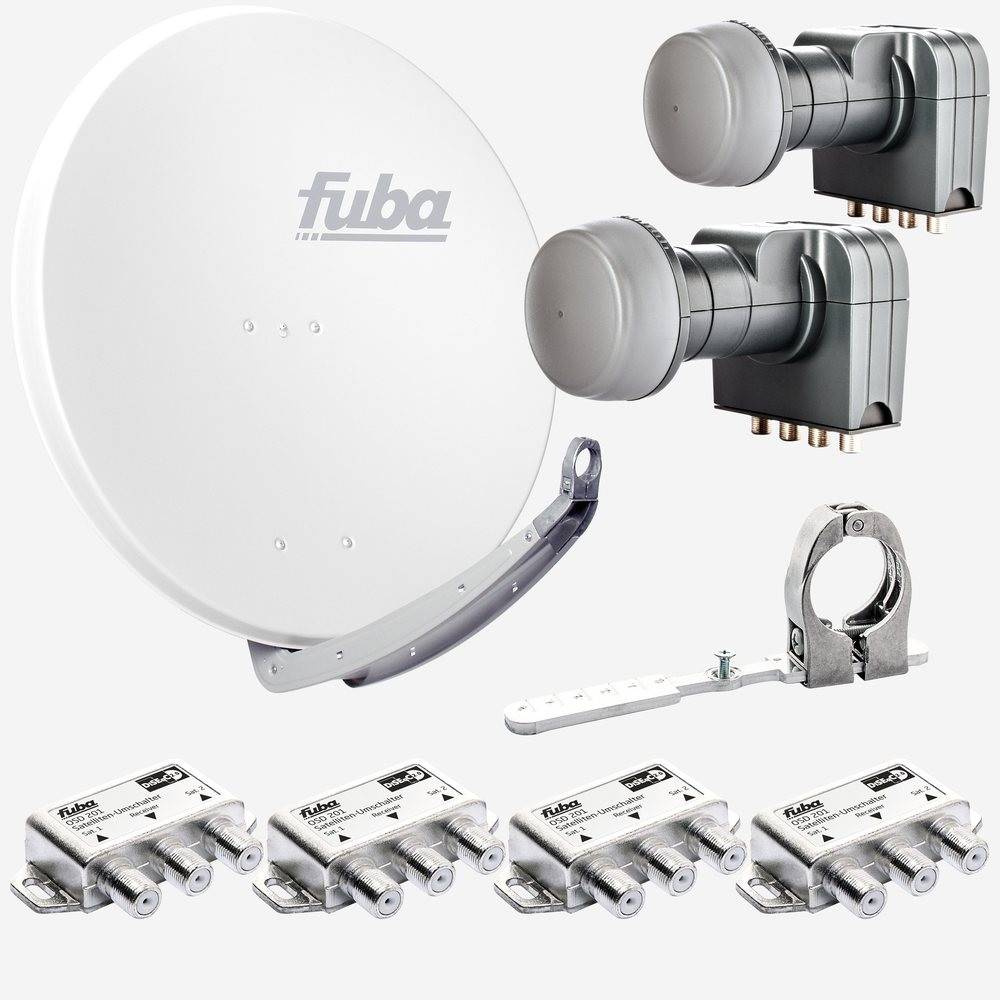 Fuba Sat Anlage 4 Teilnehmer - 2 Satelliten | Satellitenschüssel Komplettset - DAA 850 W Sat-Schüssel 85cm Alu weiß + 2x Quad LNB 4 Teilnehmer + Mu