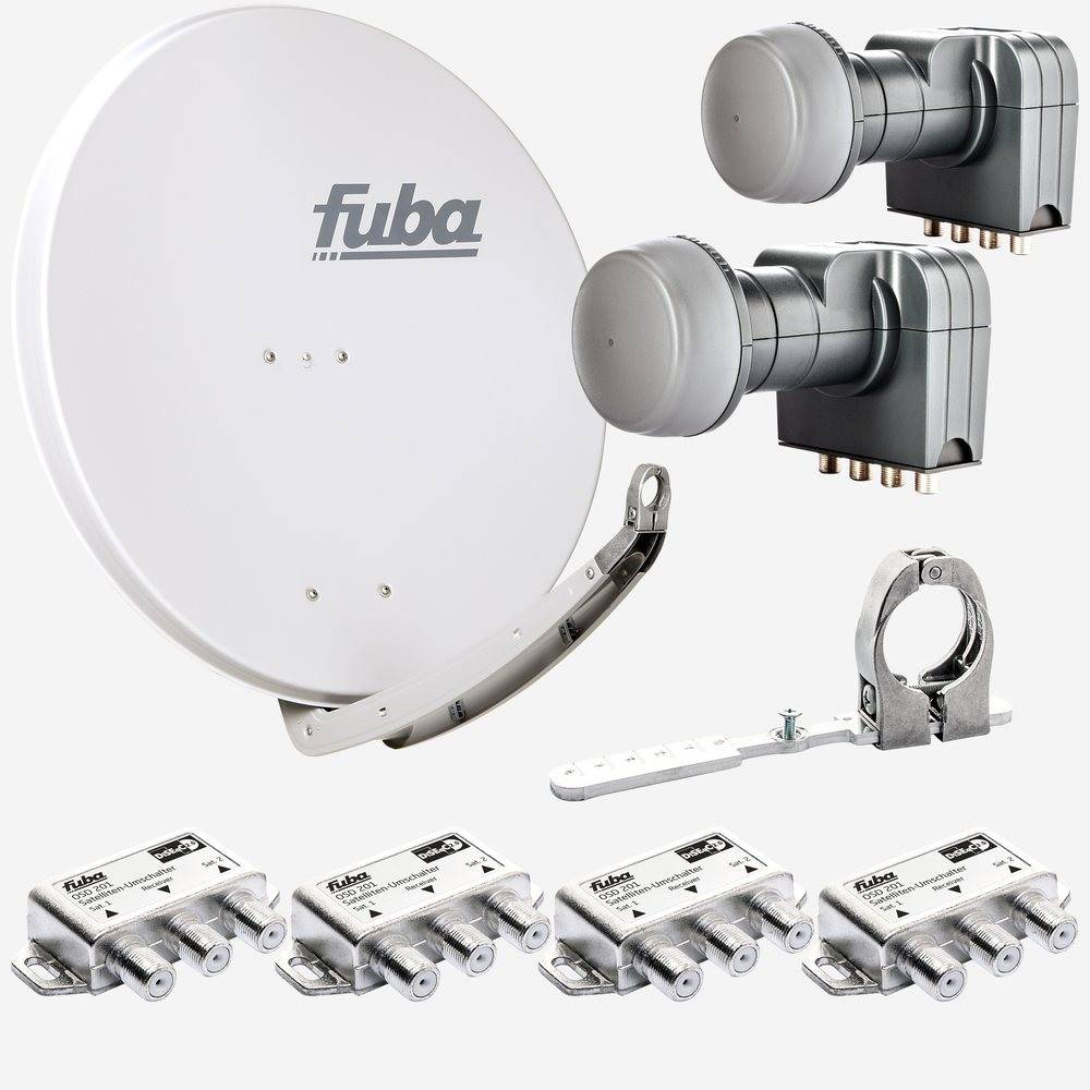 Fuba Sat Anlage 4 Teilnehmer - 2 Satelliten | Satellitenschüssel Komplettset - DAA 850 G Sat-Schüssel 85cm Alu hellgrau + 2x Quad LNB 4 Teilnehmer
