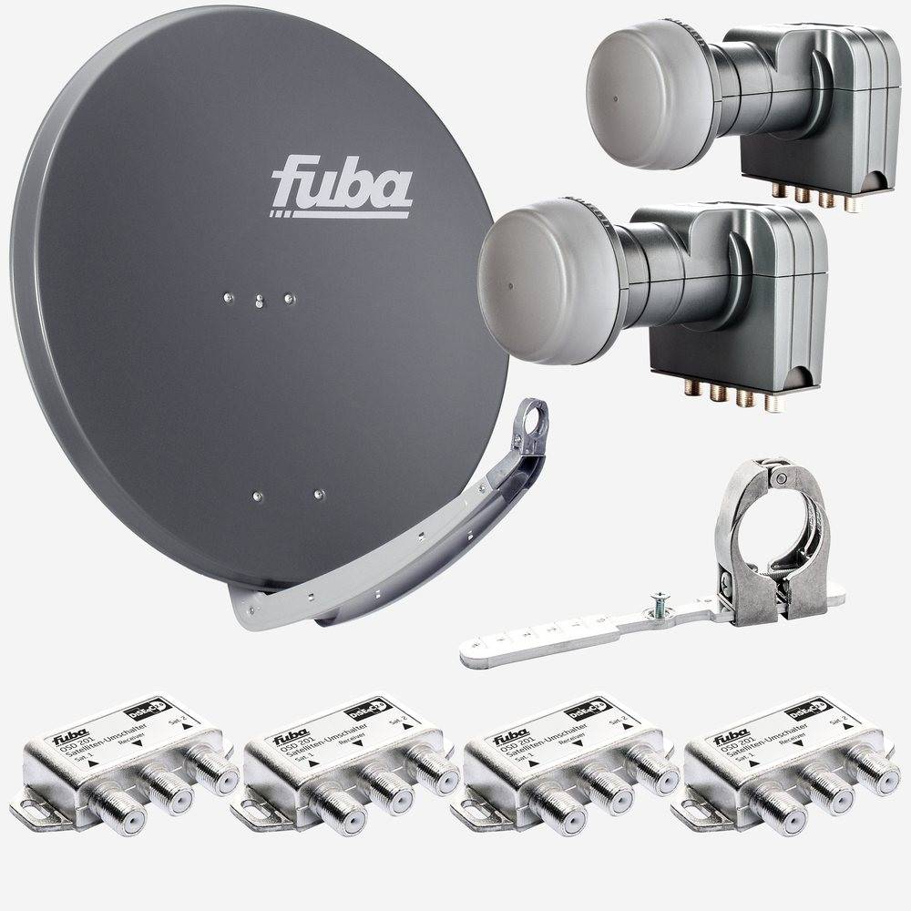 Fuba Sat Anlage 4 Teilnehmer - 2 Satelliten | Satellitenschüssel Komplettset - DAA 850 A Sat-Schüssel 85cm Alu anthrazit + 2x Quad LNB 4 Teilnehmer