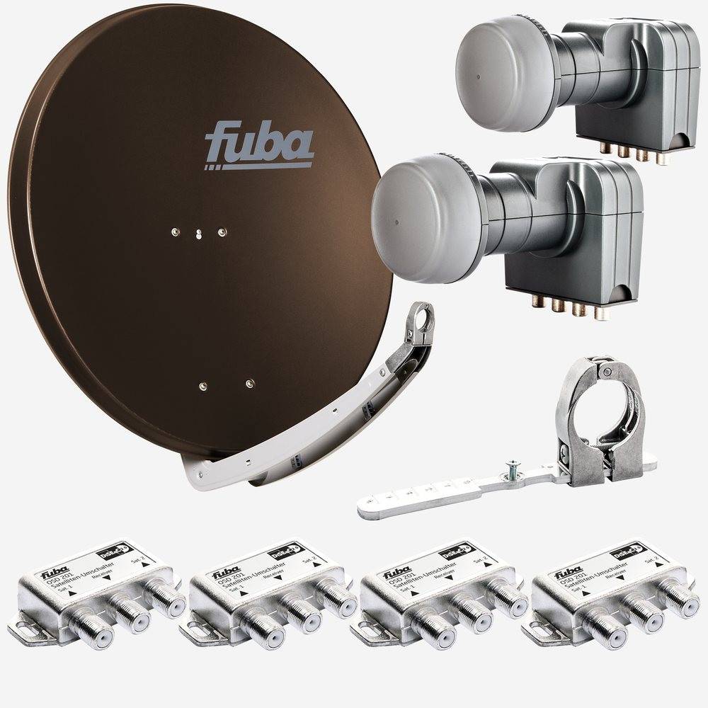 Fuba Sat Anlage 4 Teilnehmer - 2 Satelliten | Satellitenschüssel Komplettset - DAA 850 B Sat-Schüssel 85cm Alu braun + 2x Quad LNB 4 Teilnehmer + Mu