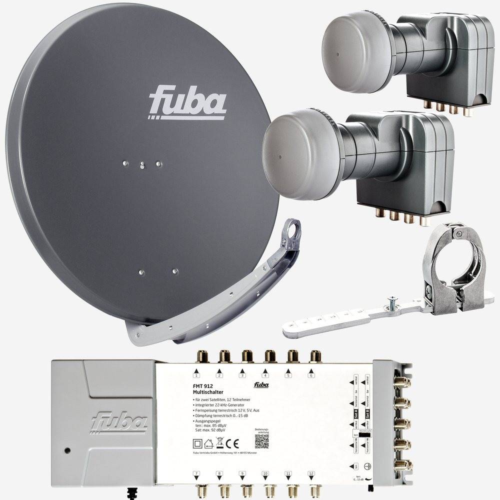 Fuba Sat Anlage 12 Teilnehmer - 2 Satelliten (z.B. Astra/Hotbird) | Satellitenschüssel Komplettset - DAA 850 A Sat-Schüssel 85cm Alu anthrazit + 2x