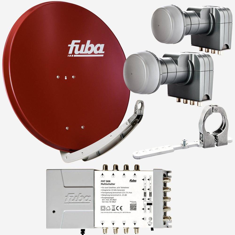 Fuba Sat Anlage 8 Teilnehmer - 2 Satelliten (z.B. Astra/Hotbird) | Satellitenschüssel Komplettset - DAA 850 R Sat-Schüssel 85cm Alu rot + 2x LNB +