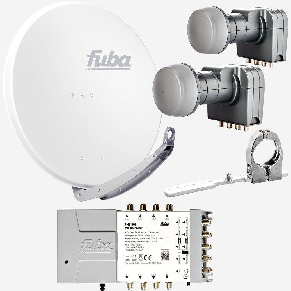 Fuba Sat Anlage 8 Teilnehmer - 2 Satelliten (z.B. Astra/Hotbird) | Satellitenschüssel Komplettset - DAA 850 W Sat-Schüssel 85cm Alu weiß + 2x LNB