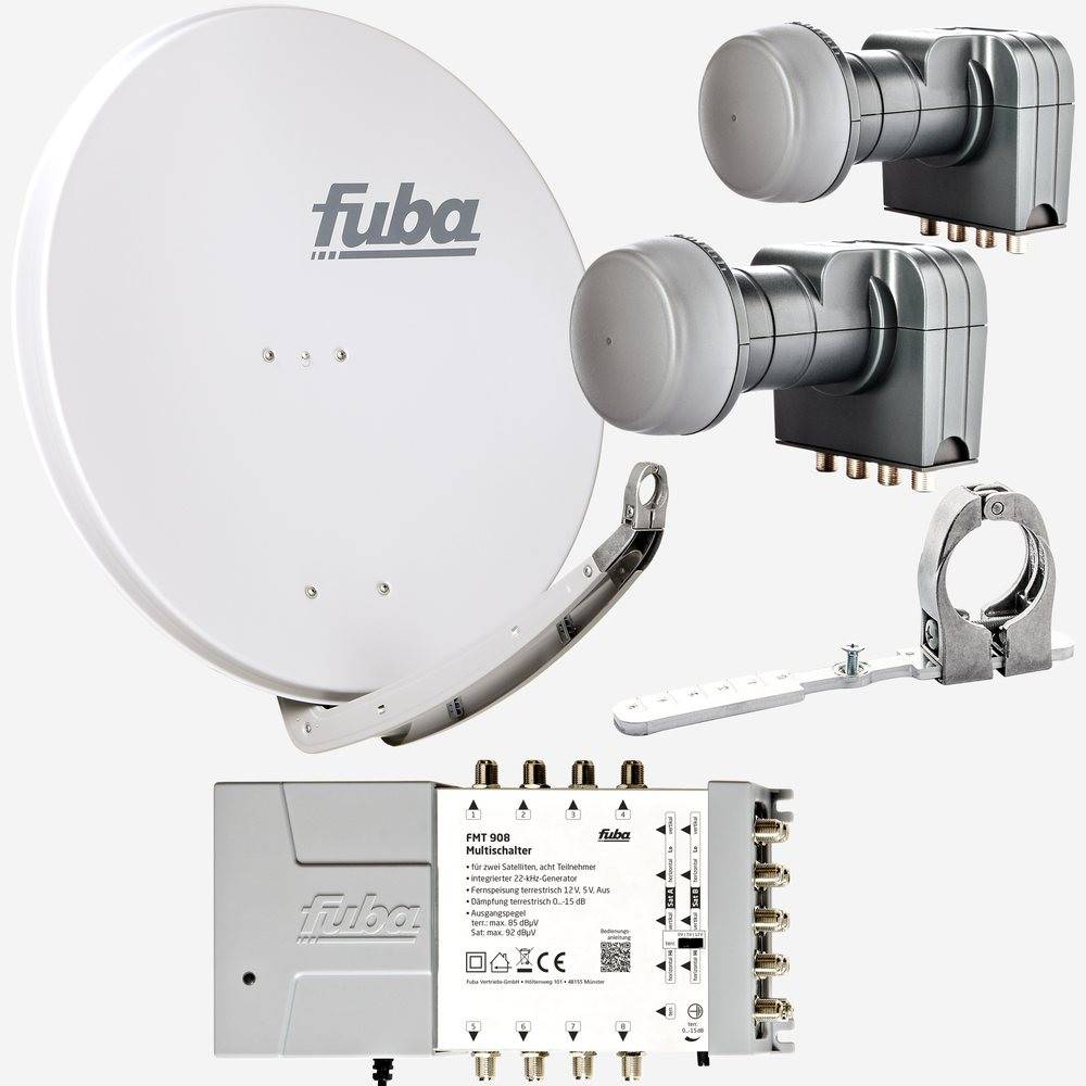 Fuba Sat Anlage 8 Teilnehmer - 2 Satelliten (z.B. Astra/Hotbird) | Satellitenschüssel Komplettset - DAA 850 G Sat-Schüssel 85cm Alu hellgrau + 2x LN