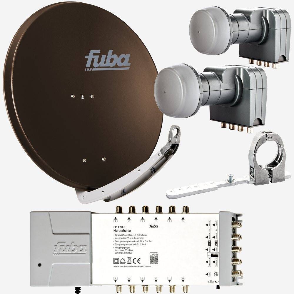 Fuba Sat Anlage 12 Teilnehmer - 2 Satelliten (z.B. Astra/Hotbird) | Satellitenschüssel Komplettset - DAA 850 B Sat-Schüssel 85cm Alu braun + 2x LNB