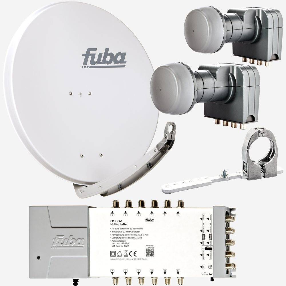 Fuba Sat Anlage 12 Teilnehmer - 2 Satelliten (z.B. Astra/Hotbird) | Satellitenschüssel Komplettset - DAA 850 G Sat-Schüssel 85cm Alu hellgrau + 2x