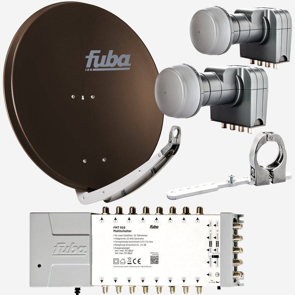 Fuba Sat Anlage 16 Teilnehmer - 2 Satelliten (z.B. Astra/Hotbird) | Satellitenschüssel Komplettset - DAA 850 B Sat-Schüssel 85cm Alu braun + 2x LNB