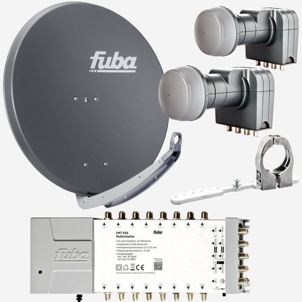 Fuba Sat Anlage 16 Teilnehmer - 2 Satelliten (z.B. Astra/Hotbird) | Satellitenschüssel Komplettset - DAA 850 A Sat-Schüssel 85cm Alu anthrazit + 2x