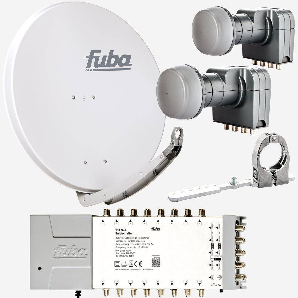 Fuba Sat Anlage 16 Teilnehmer - 2 Satelliten (z.B. Astra/Hotbird) | Satellitenschüssel Komplettset - DAA 850 G Sat-Schüssel 85cm Alu hellgrau + 2x
