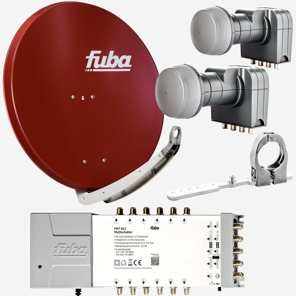 Fuba Sat Anlage 12 Teilnehmer - 2 Satelliten (z.B. Astra/Hotbird) | Satellitenschüssel Komplettset - DAA 850 R Sat-Schüssel 85cm Alu rot + 2x LNB