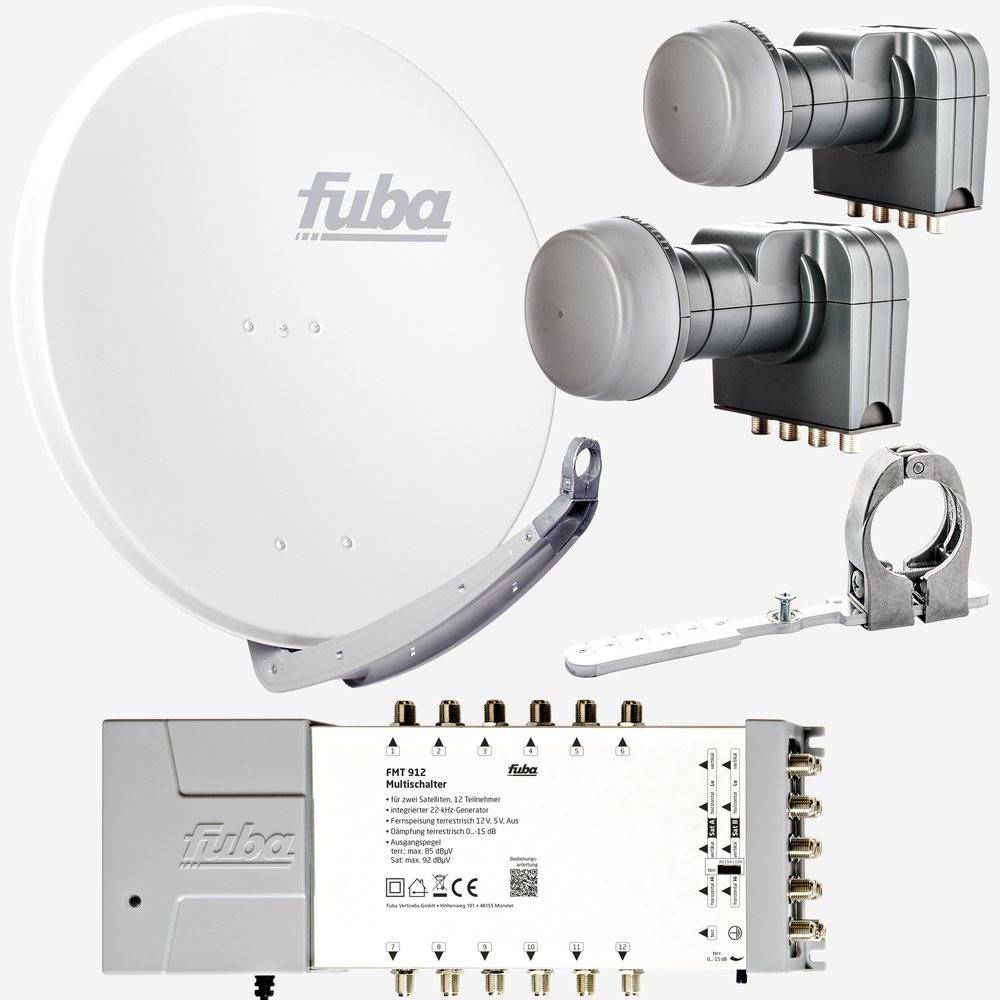 Fuba Sat Anlage 12 Teilnehmer - 2 Satelliten (z.B. Astra/Hotbird) | Satellitenschüssel Komplettset - DAA 850 W Sat-Schüssel 85cm Alu weiß + 2x LNB