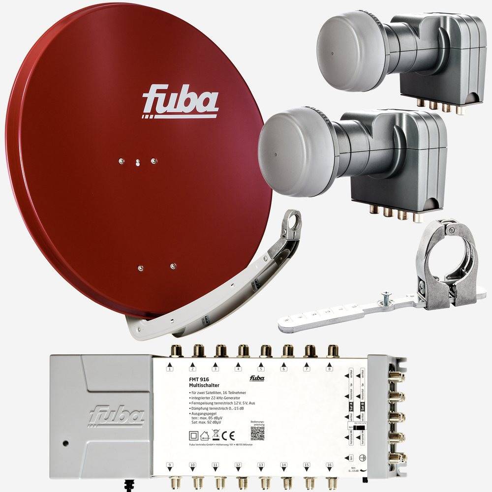 Fuba Sat Anlage 16 Teilnehmer - 2 Satelliten (z.B. Astra/Hotbird) | Satellitenschüssel Komplettset - DAA 850 R Sat-Schüssel 85cm Alu rot + 2x LNB