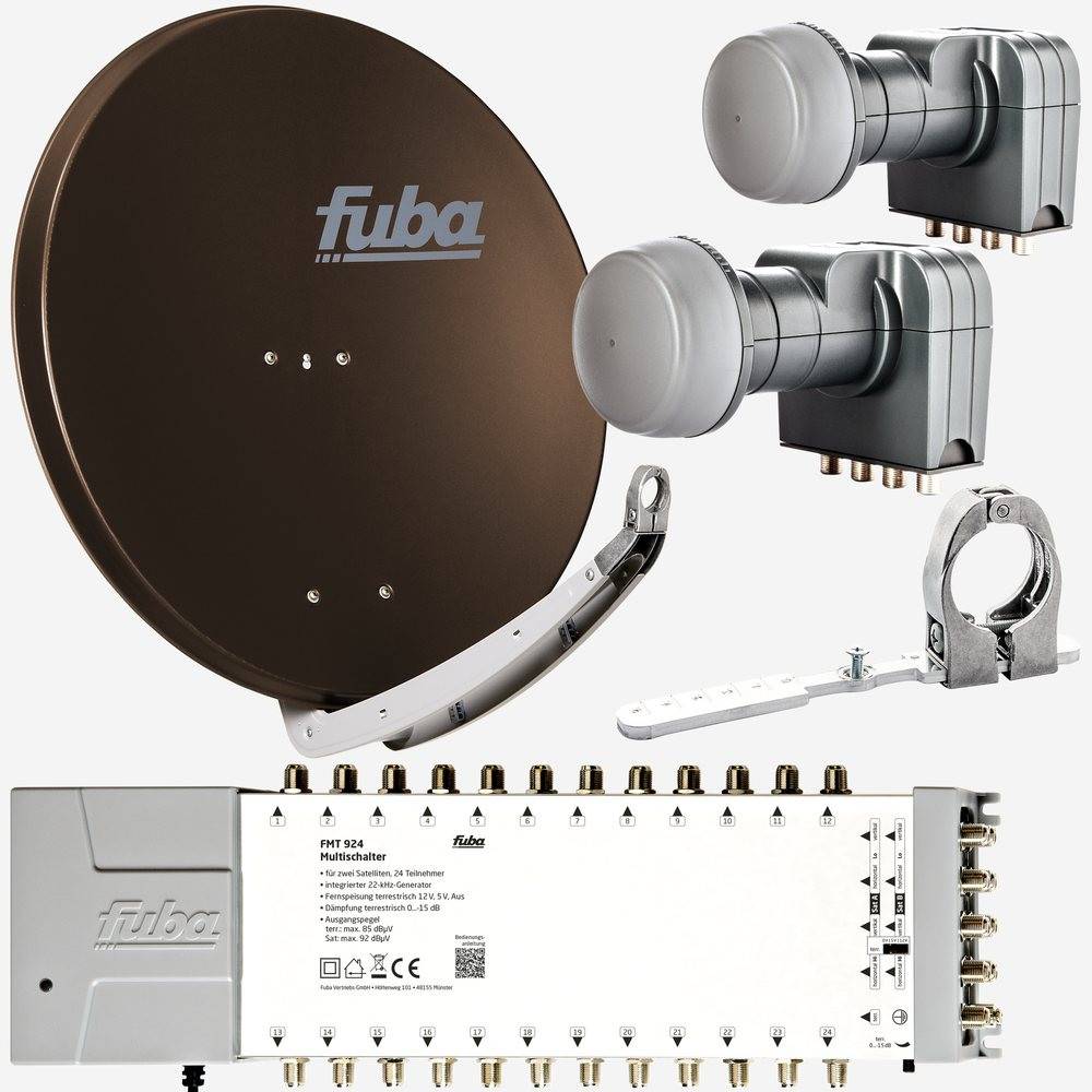 Fuba Sat Anlage 24 Teilnehmer - 2 Satelliten (z.B. Astra/Hotbird) | Satellitenschüssel Komplettset - DAA 850 B Sat-Schüssel 85cm Alu braun + 2x LNB